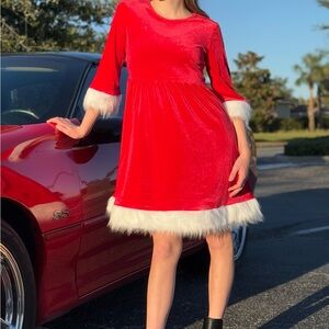 Red Velvet Dress with White Trim